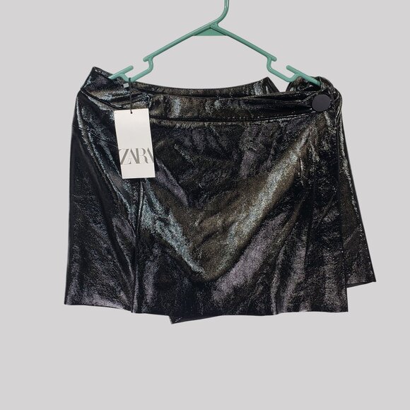 Zara Black Metallic Wrap-Style Mini Skort With Button Detail Size L - Picture 4 of 13